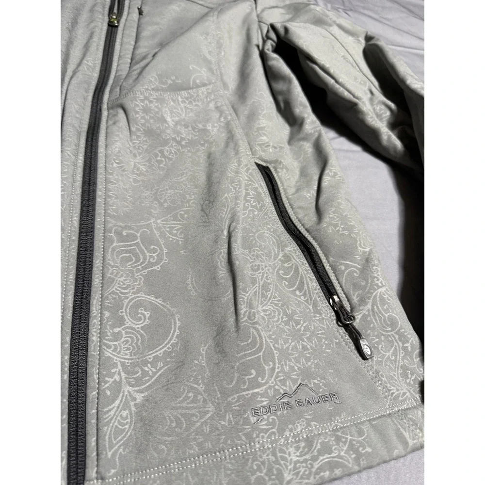 Eddie Bauer Softshell Jacket Womens Medium Grey Good Paisley Floral Full Zip